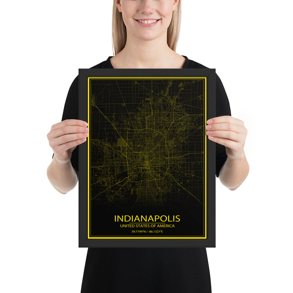 Indianapolis Black and Yellow Framed Map