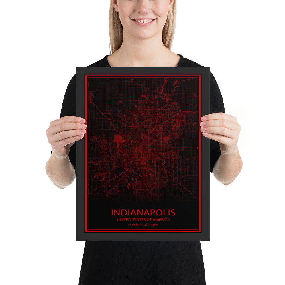 Indianapolis Black and Red Framed Map