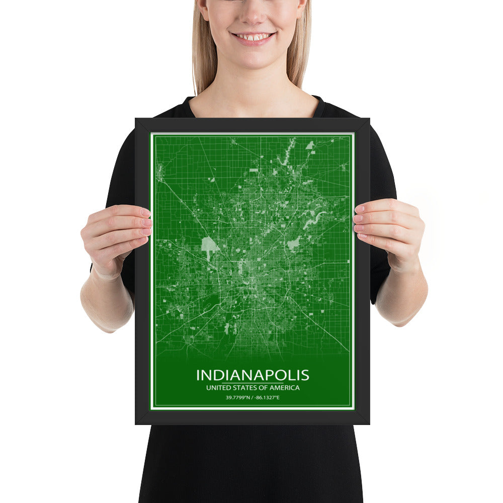 Indianapolis Green and White Framed Map