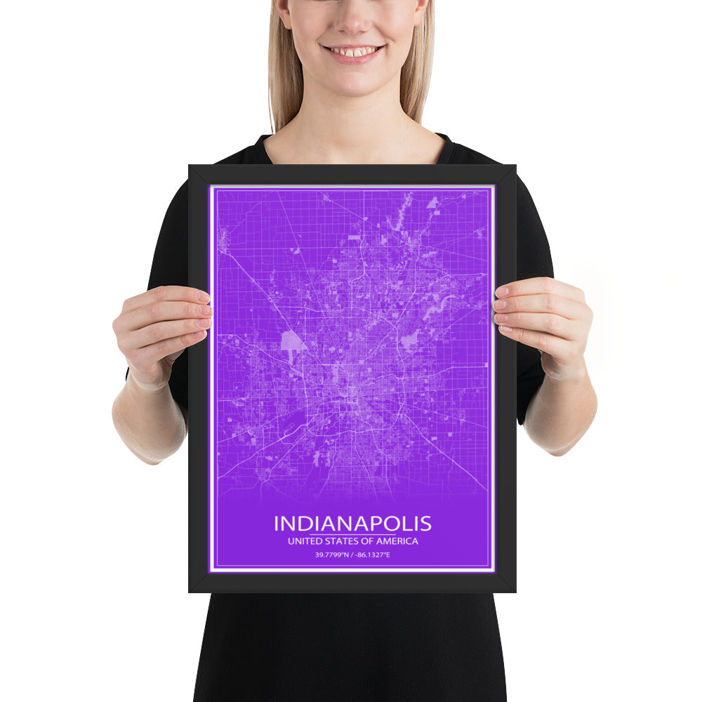 Indianapolis Purple and White Framed Map