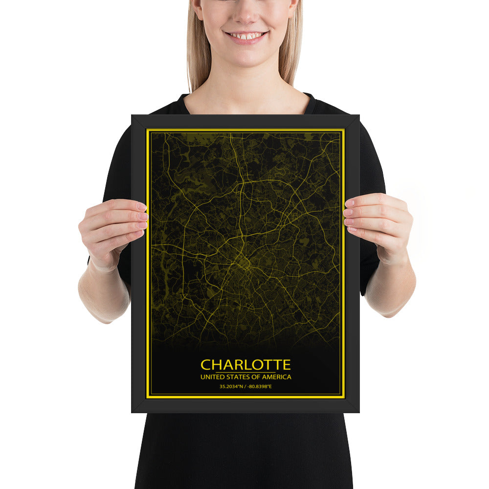 Charlotte Black and Yellow Framed Map