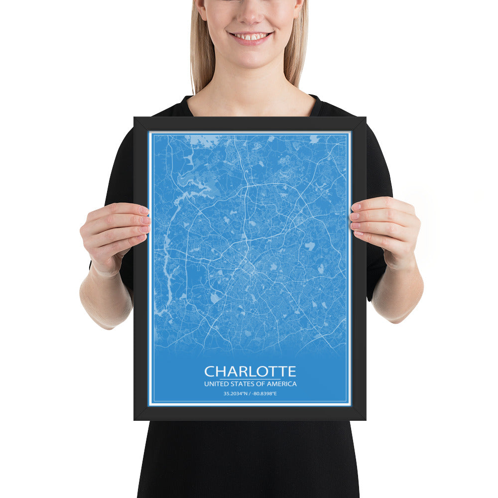 Charlotte Blue and White Framed Map