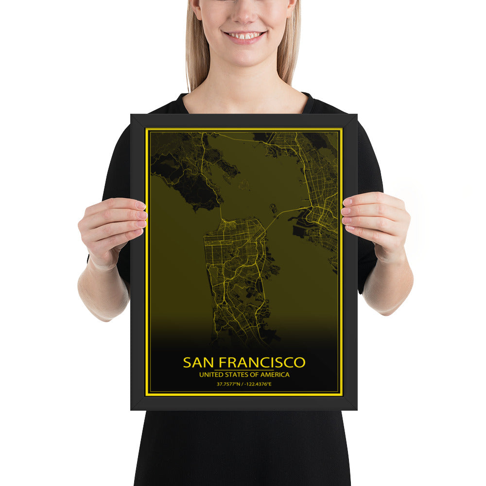 San Francisco Black and Yellow Framed Map