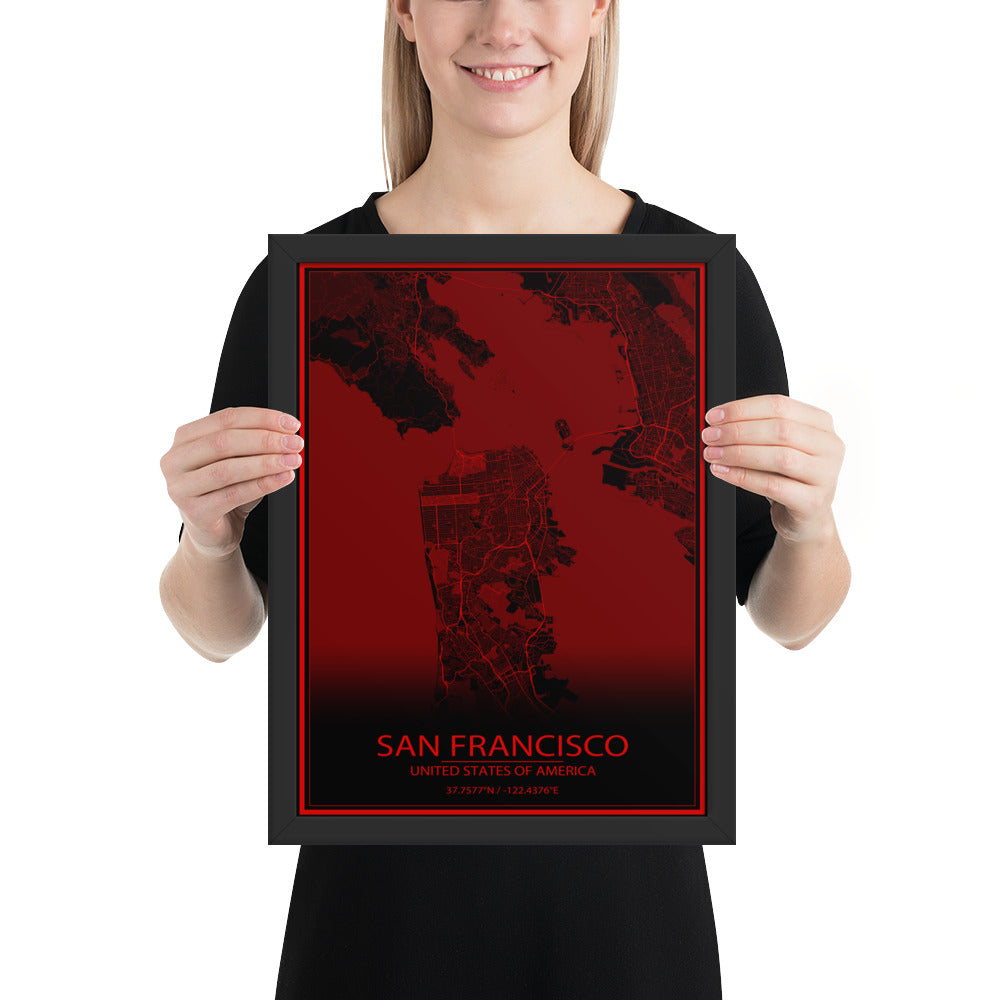 San Francisco Black and Red Framed Map