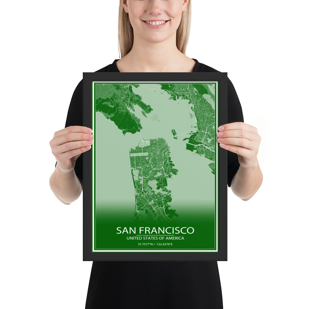 San Francisco Green and White Framed Map