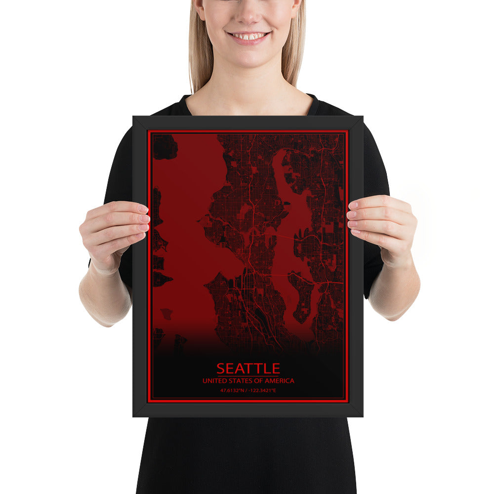 Seattle Black and Red Framed Map