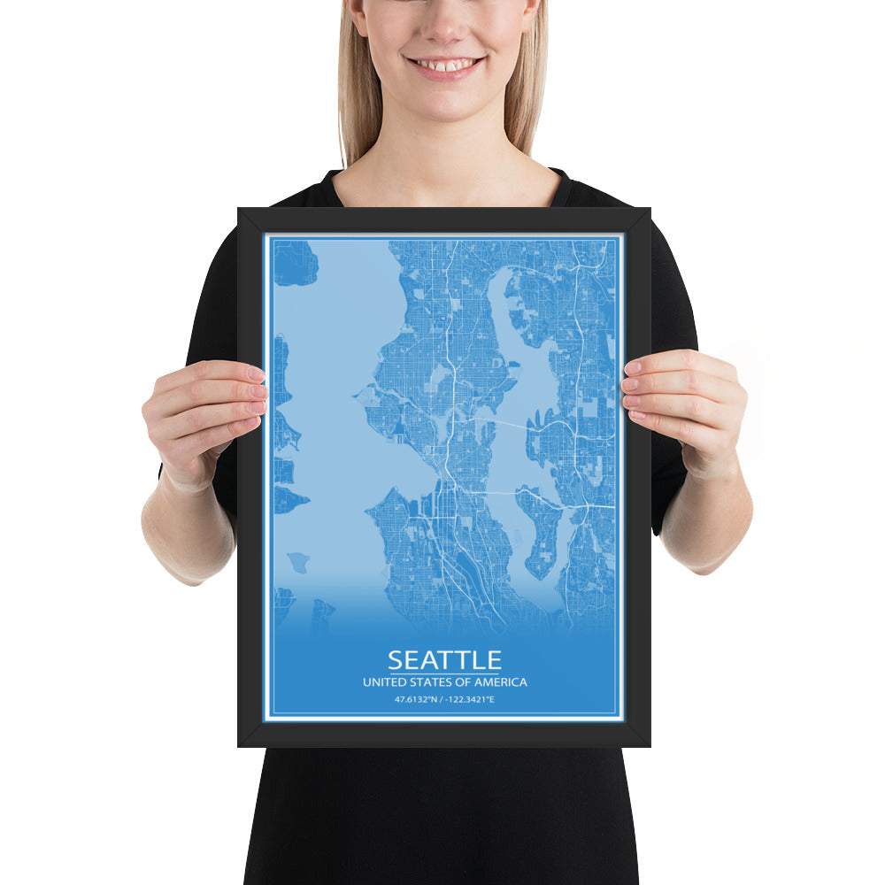 Seattle Blue and White Framed Map