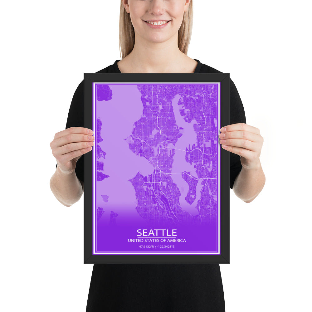 Seattle Purple and White Framed Map