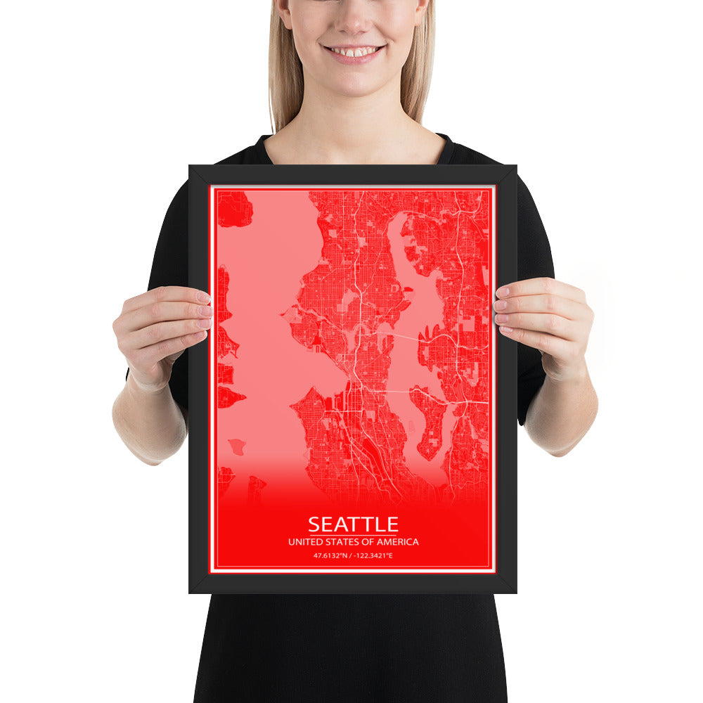 Seattle Red and White Framed Map