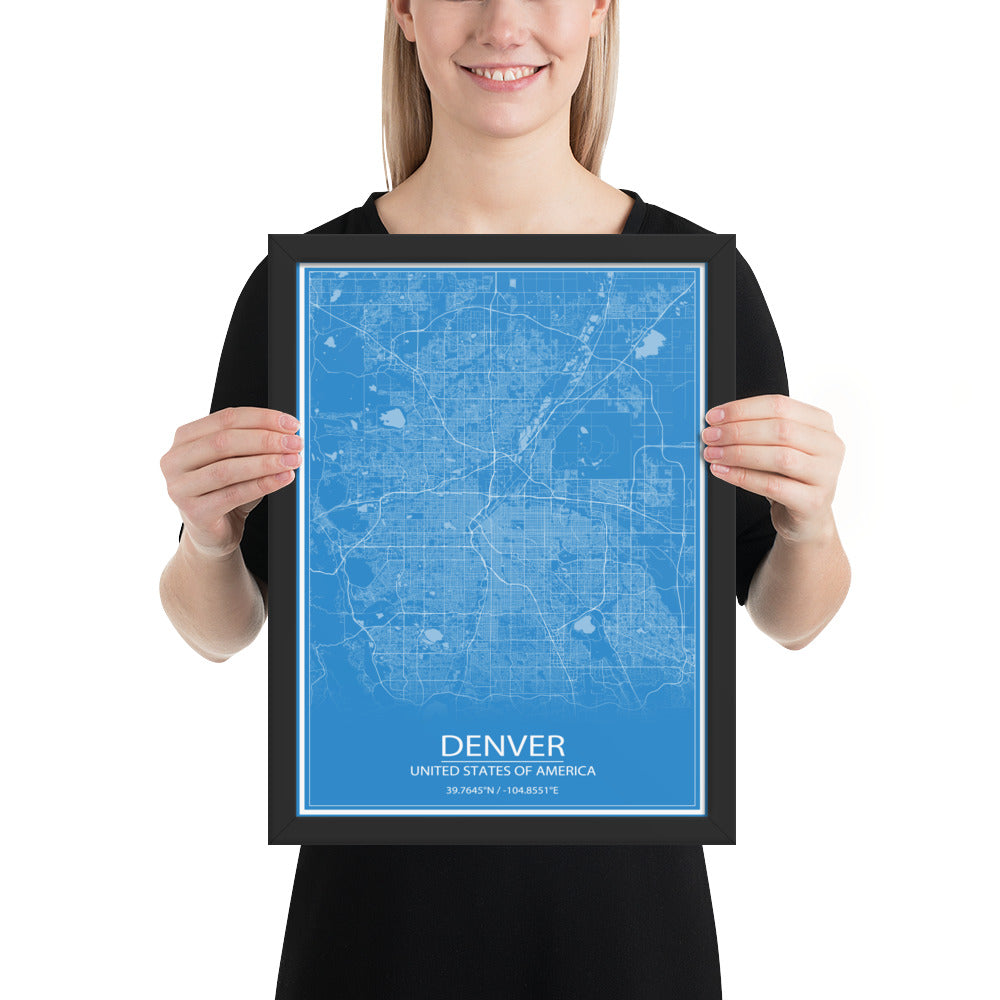 Denver Blue and White Framed Map