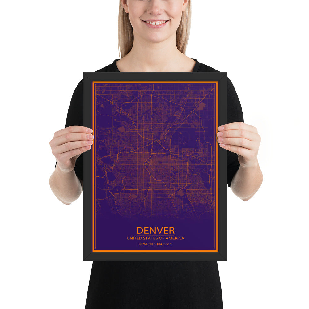 Denver Purple and Orange Framed Map