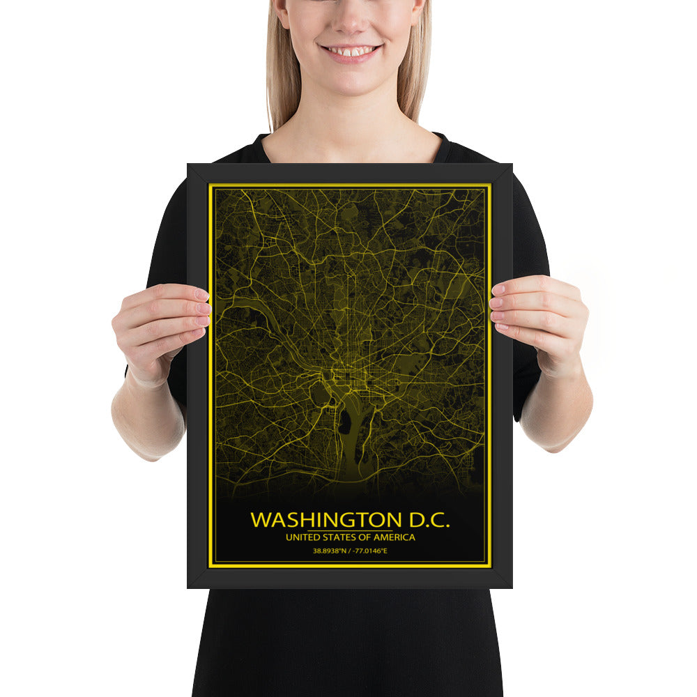 Washington, D.C. Black and Yellow Framed Map