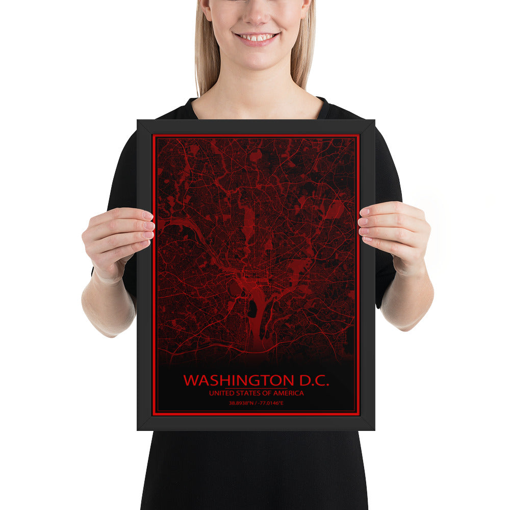 Washington, D.C. Black and Red Framed Map