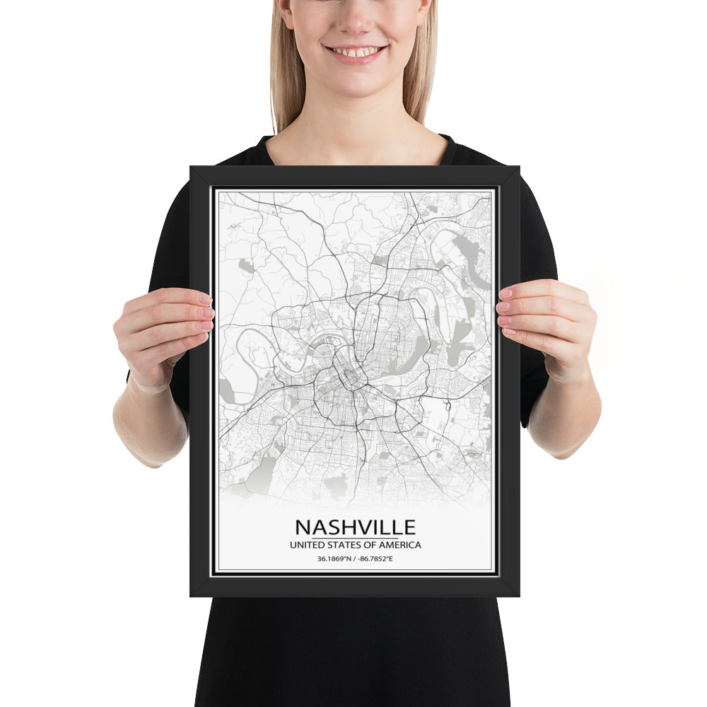 Nashville White Framed Map