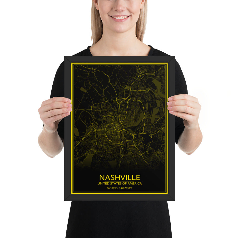 Nashville Black and Yellow Framed Map