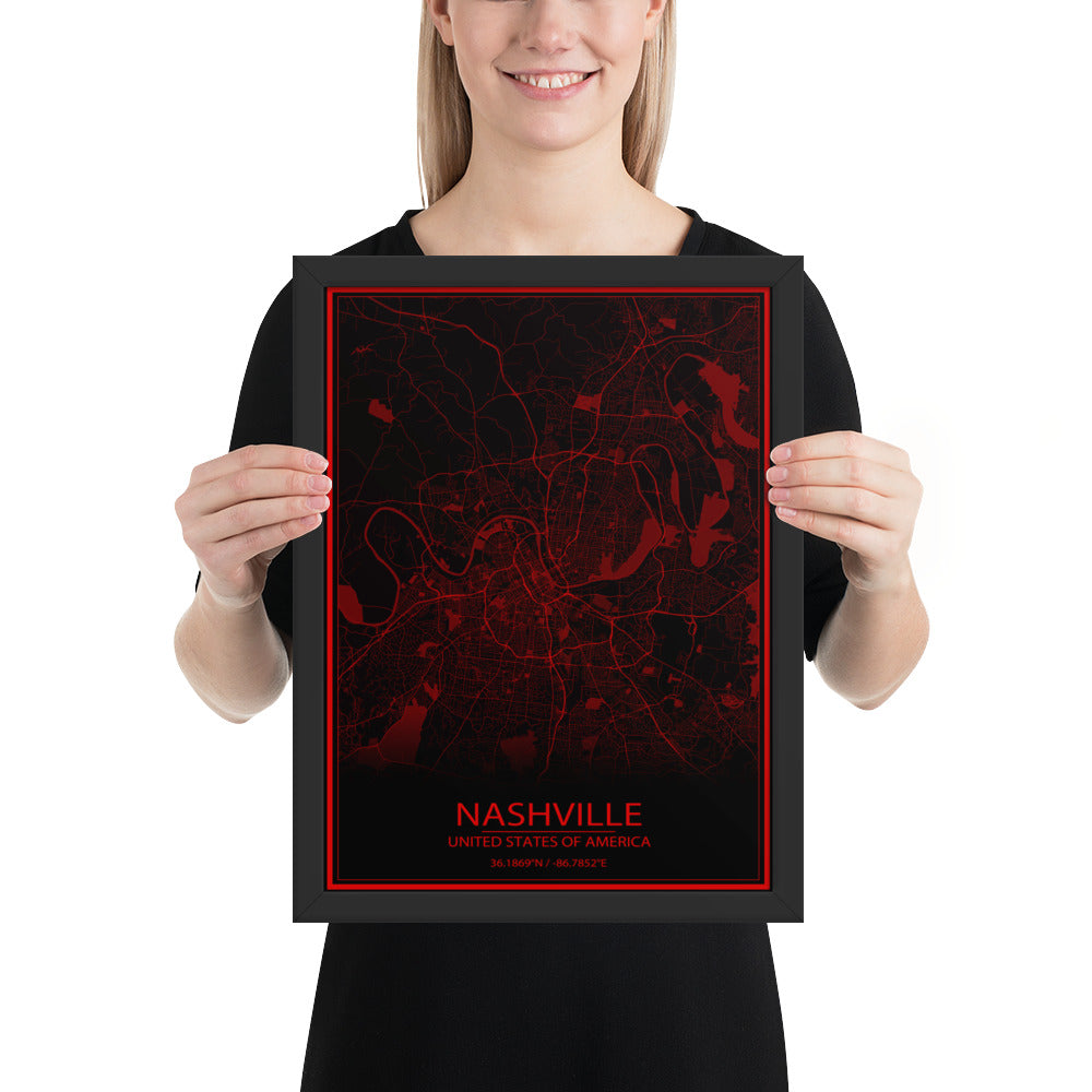 Nashville Black and Red Framed Map