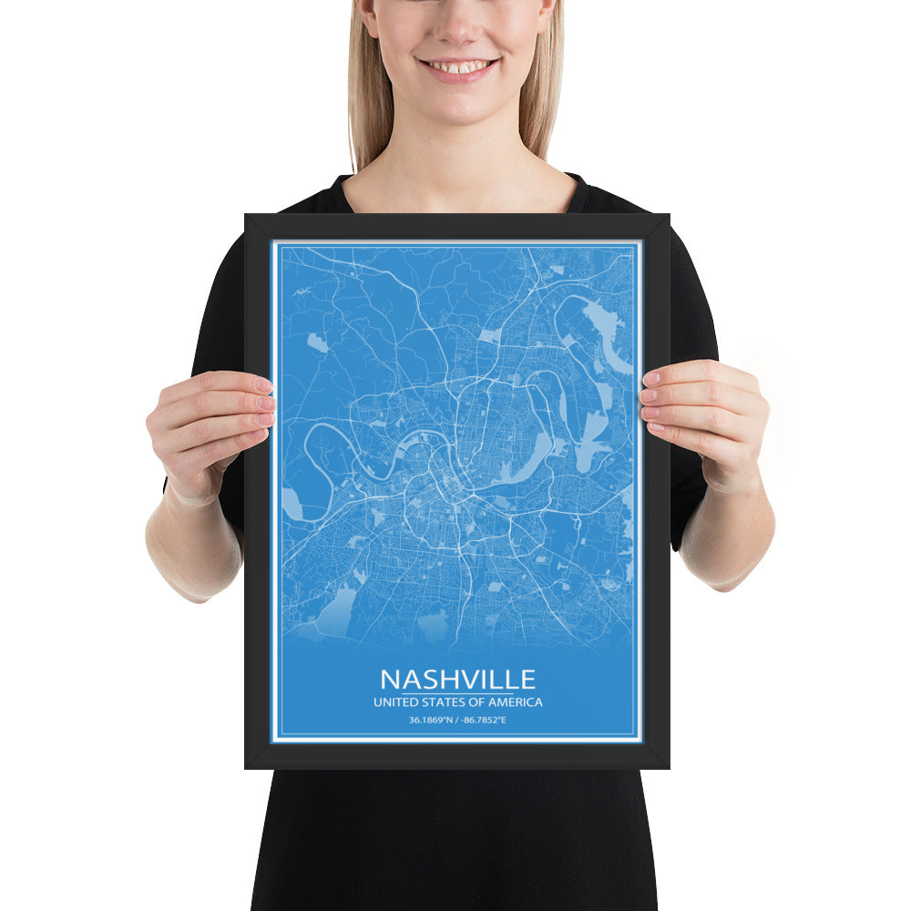 Nashville Blue and White Framed Map