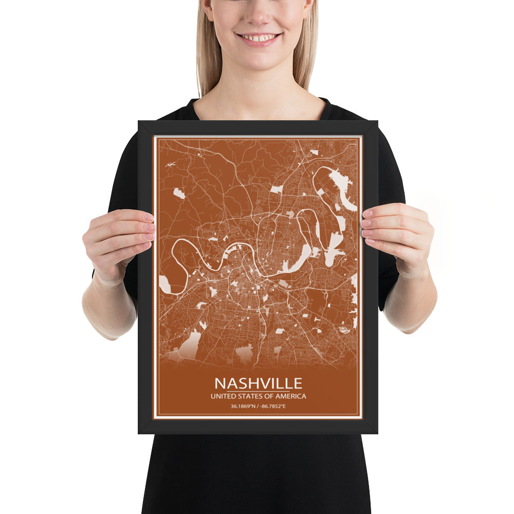 Nashville Brown and White Framed Map