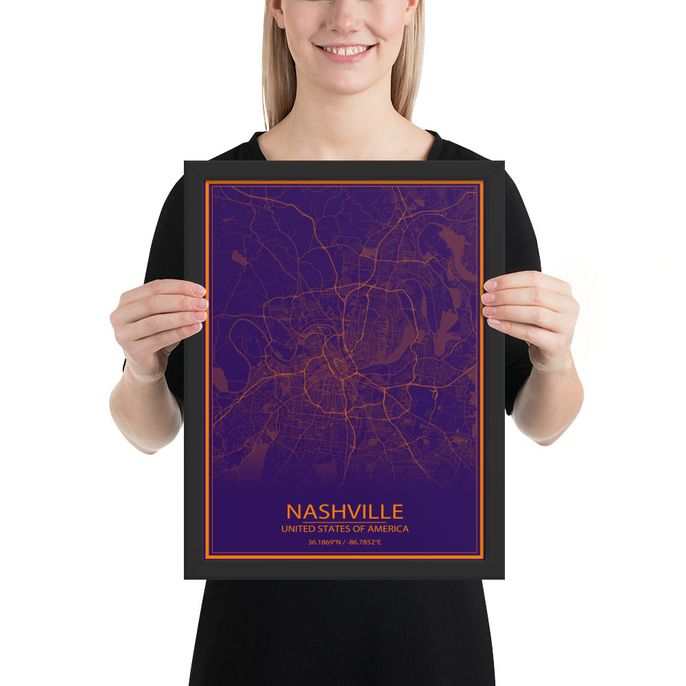 Nashville Purple and Orange Framed Map