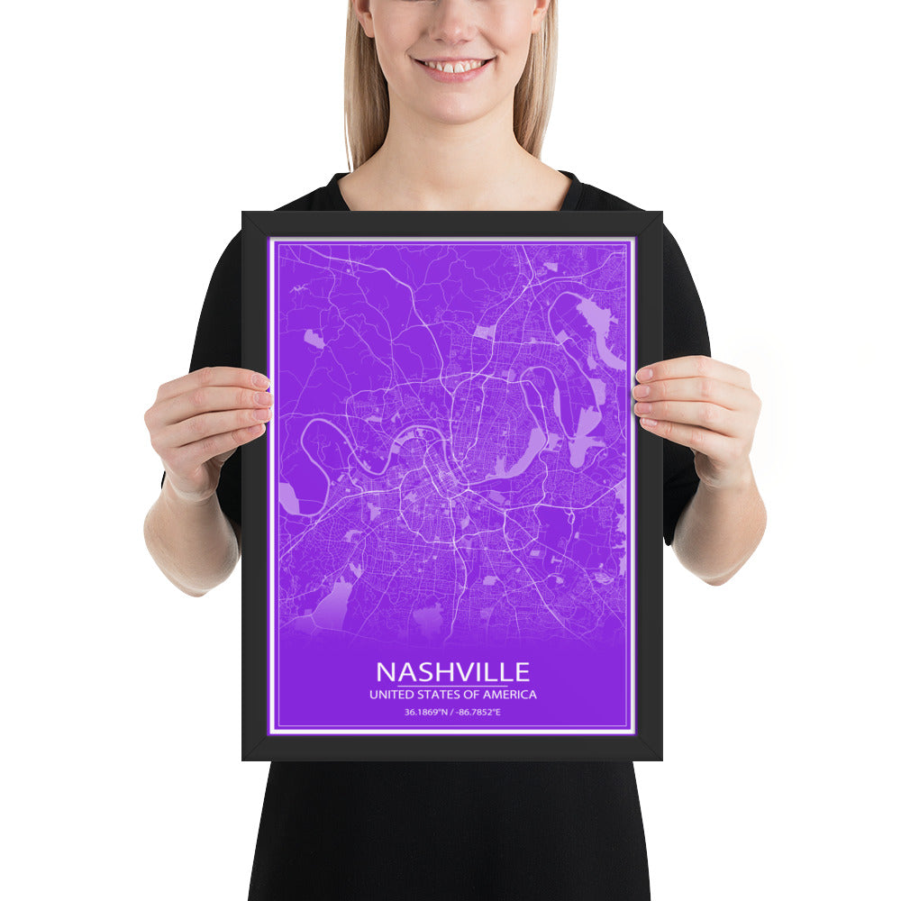 Nashville Purple and White Framed Map