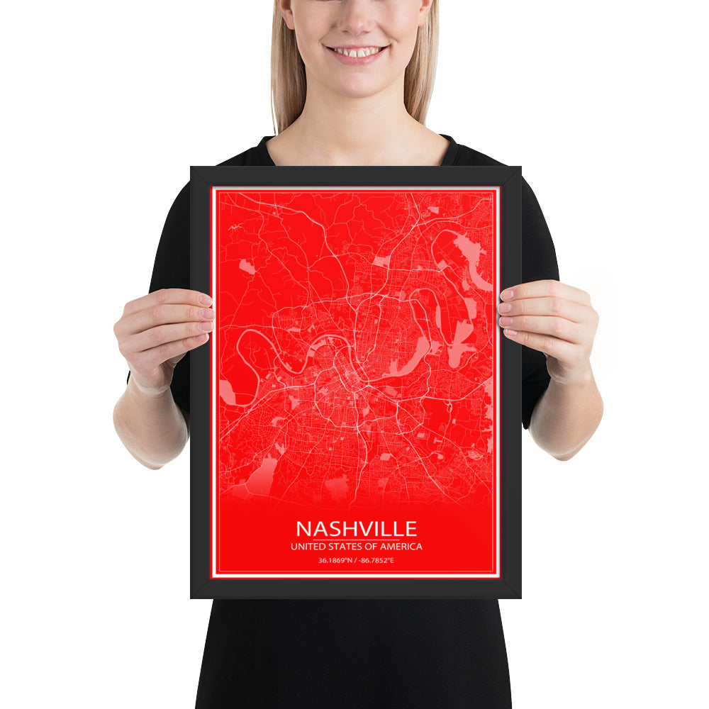 Nashville Red and White Framed Map