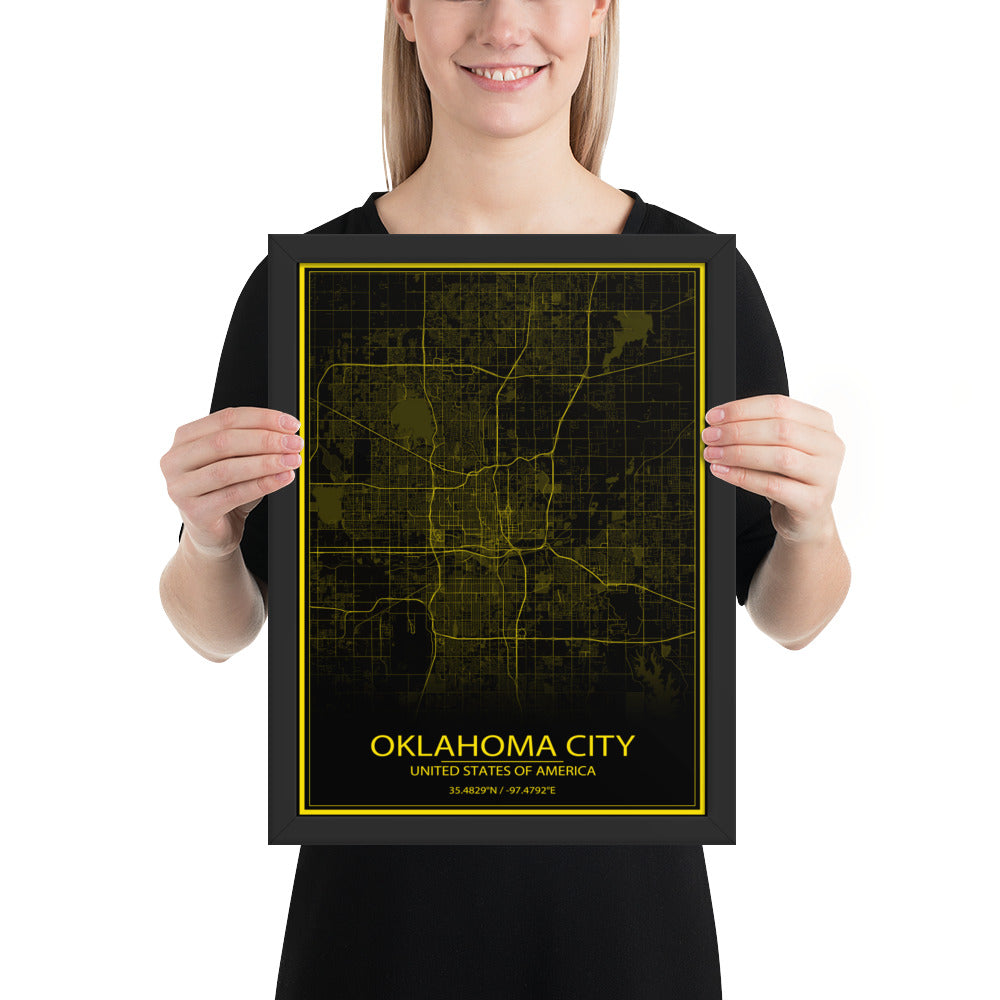 Oklahoma City Black and Yellow Framed Map