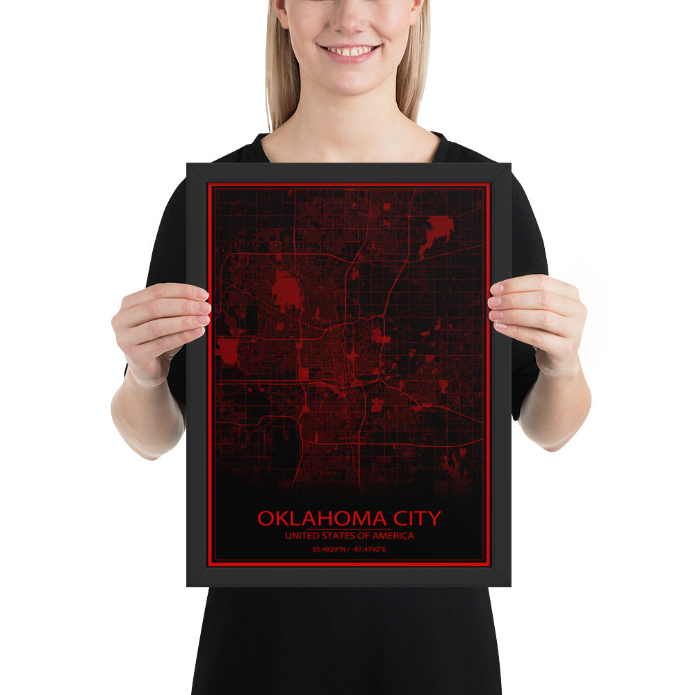 Oklahoma City Black and Red Framed Map