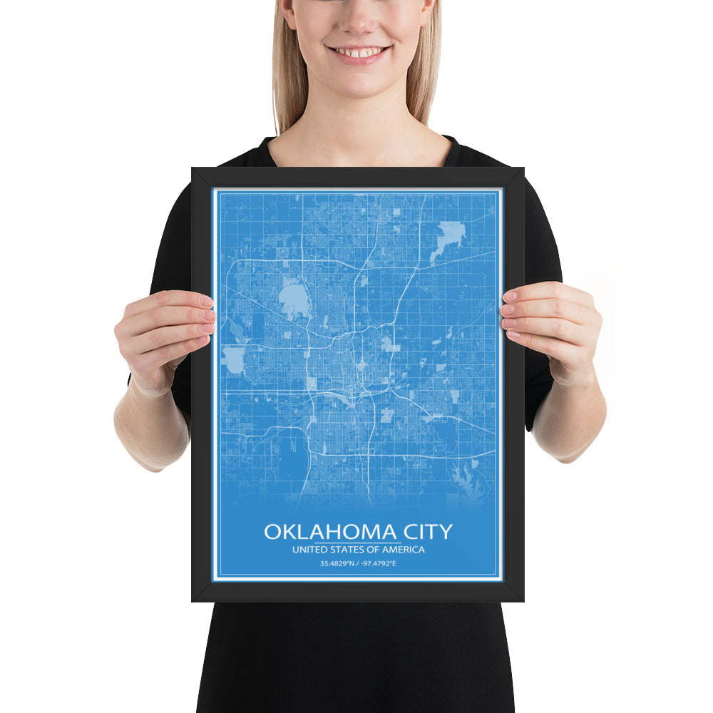 Oklahoma City Blue and White Framed Map