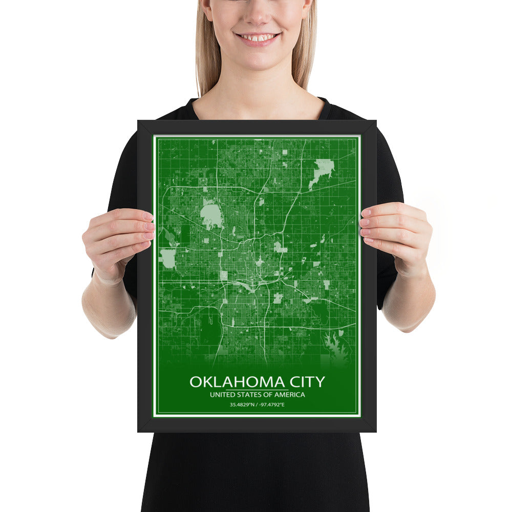 Oklahoma City Green and White Framed Map