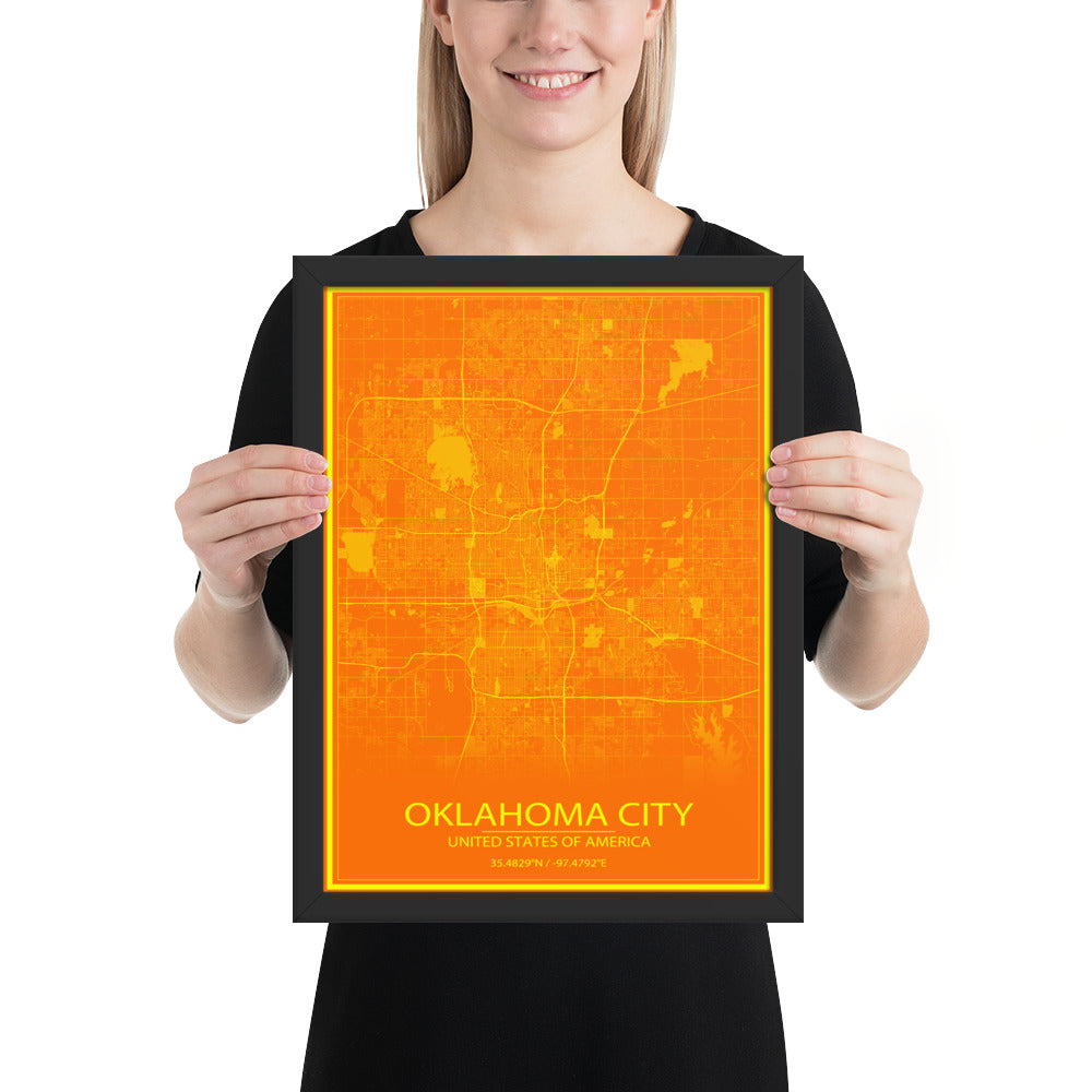 Oklahoma City Orange and Yellow Framed Map