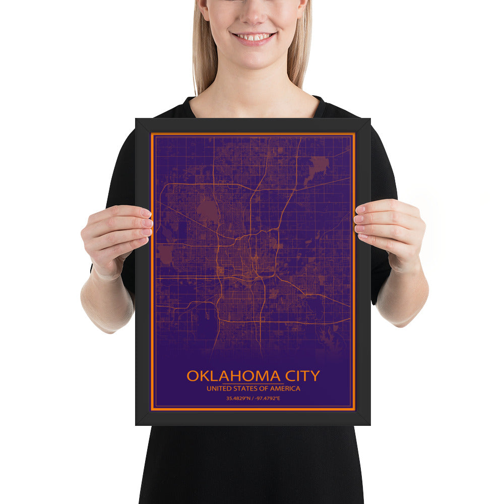 Oklahoma City Purple and Orange Framed Map