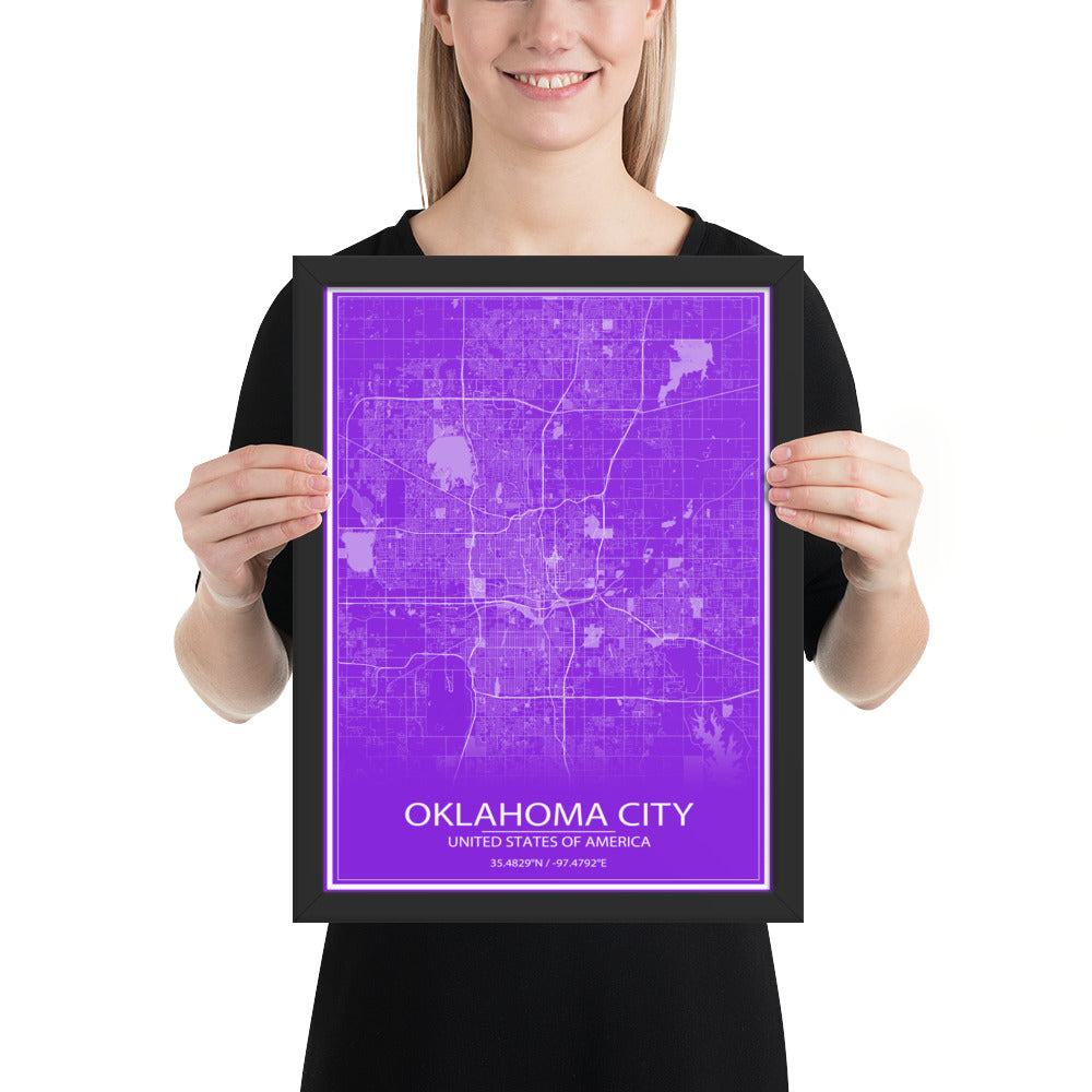 Oklahoma City Purple and White Framed Map