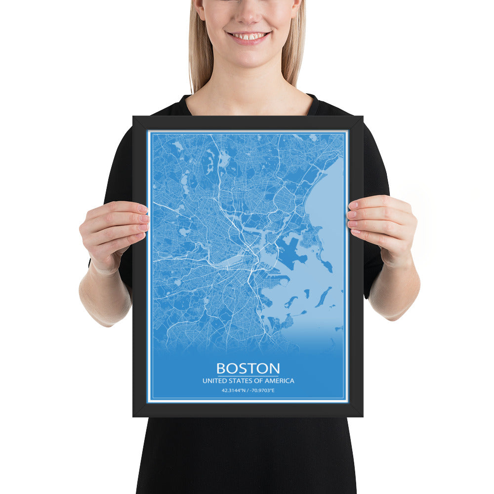 Boston Blue and White Framed Map