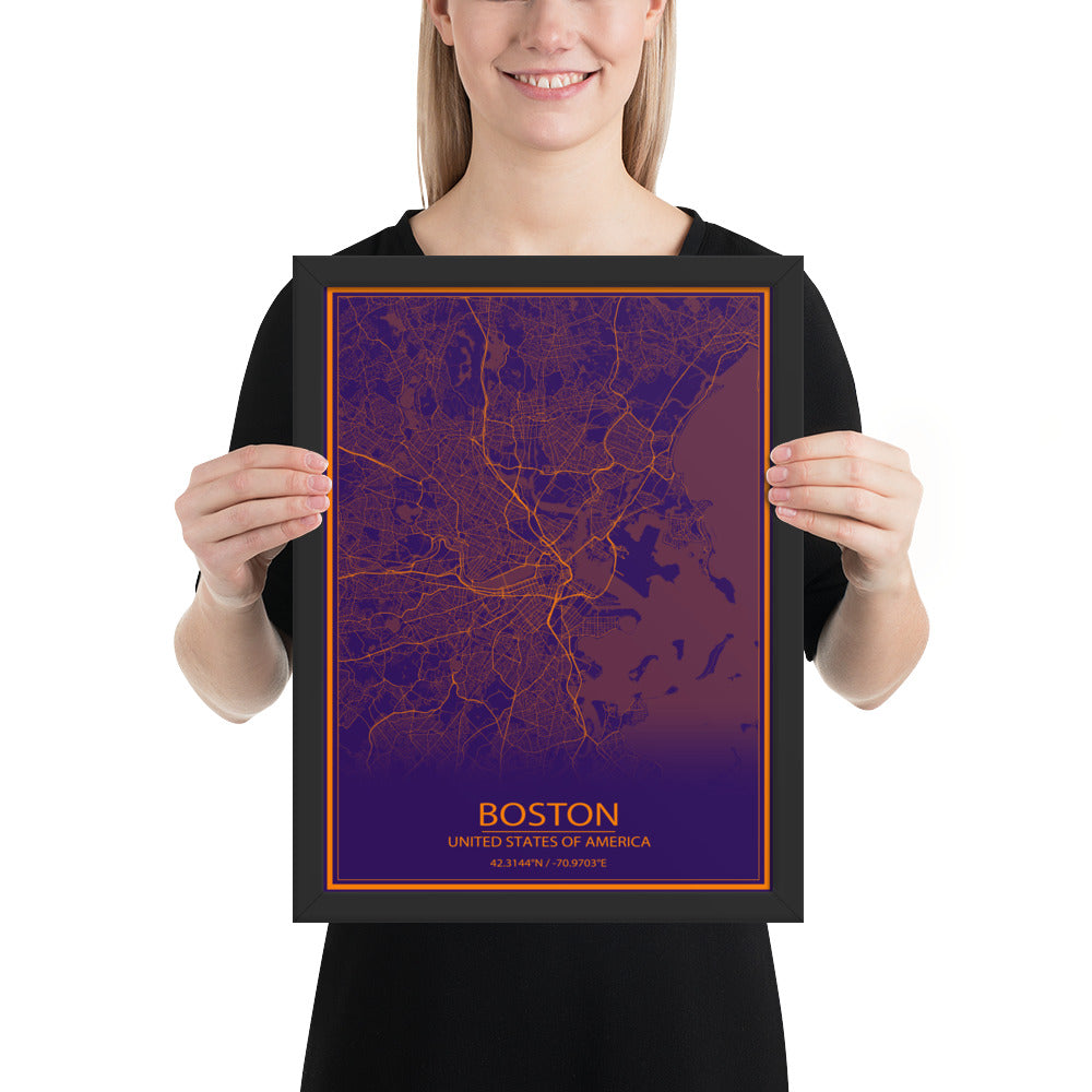 Boston Purple and Orange Framed Map