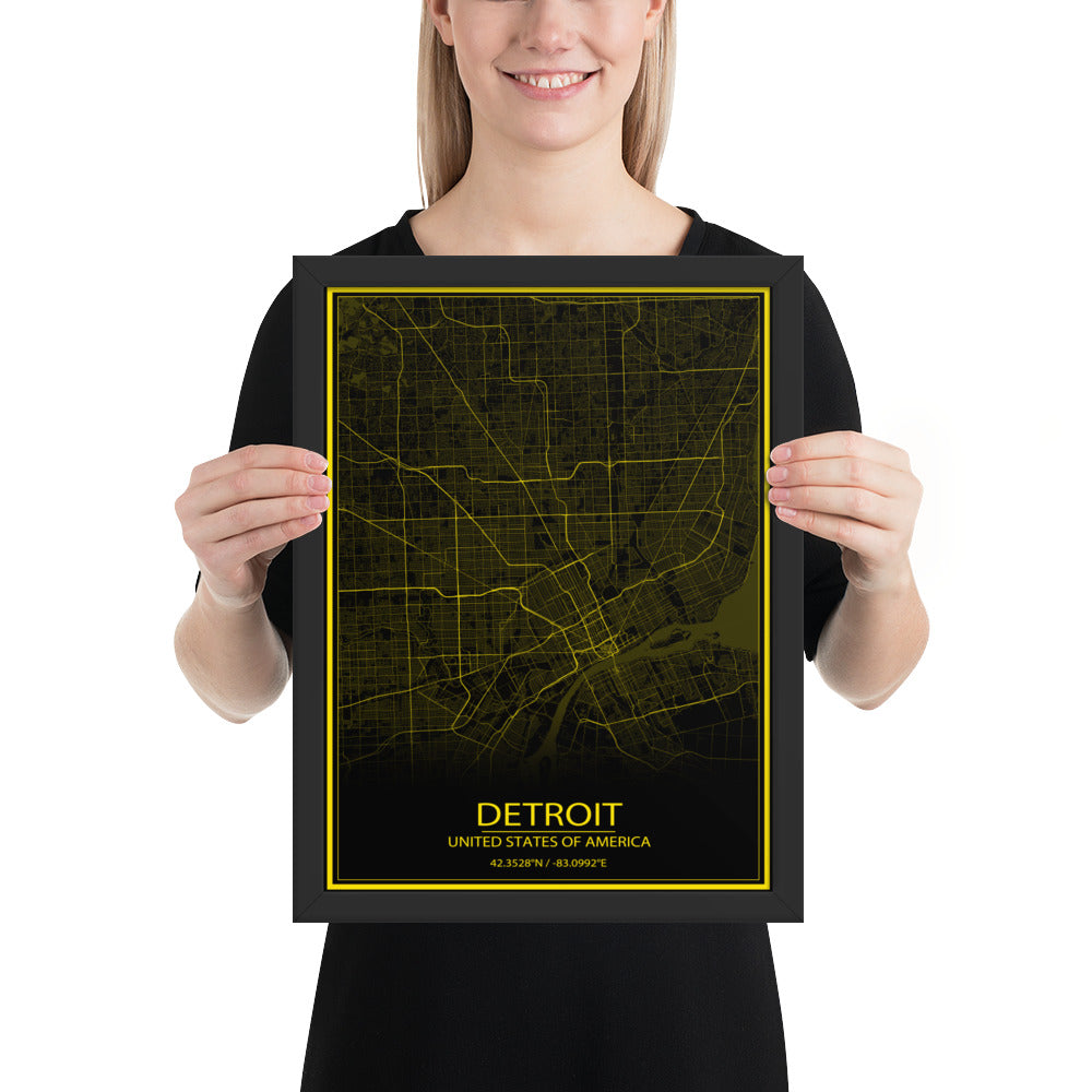 Detroit Black and Yellow Framed Map