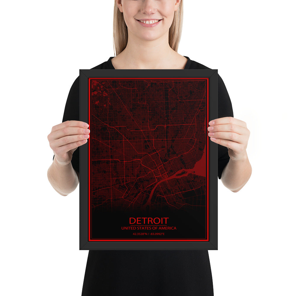 Detroit Black and Red Framed Map