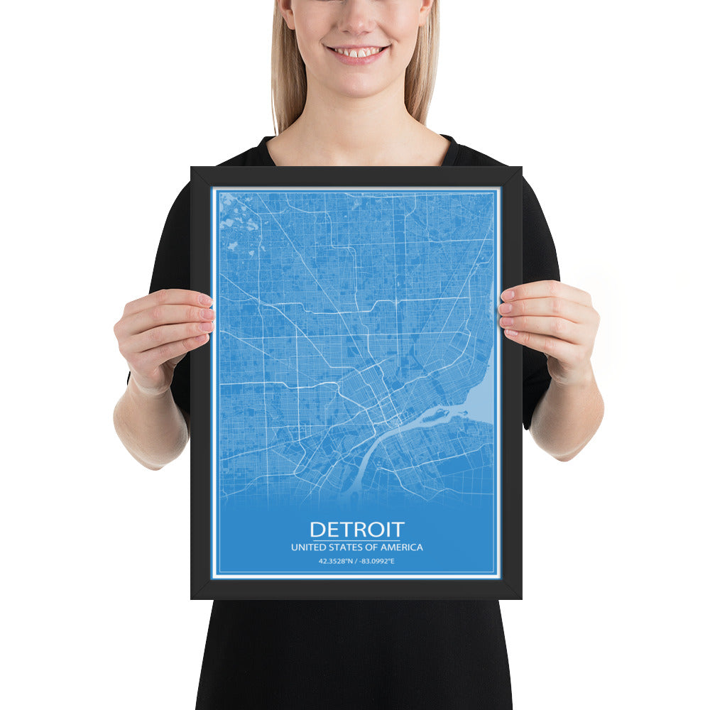 Detroit Blue and White Framed Map