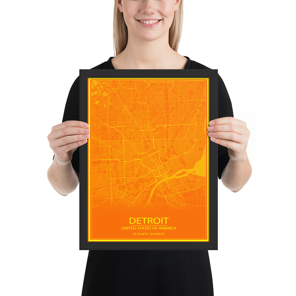 Detroit Orange and Yellow Framed Map