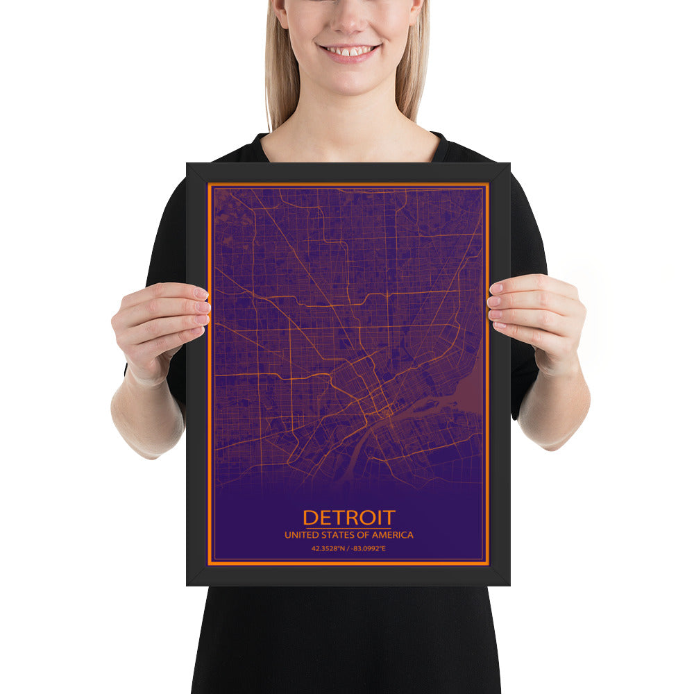 Detroit Purple and Orange Framed Map