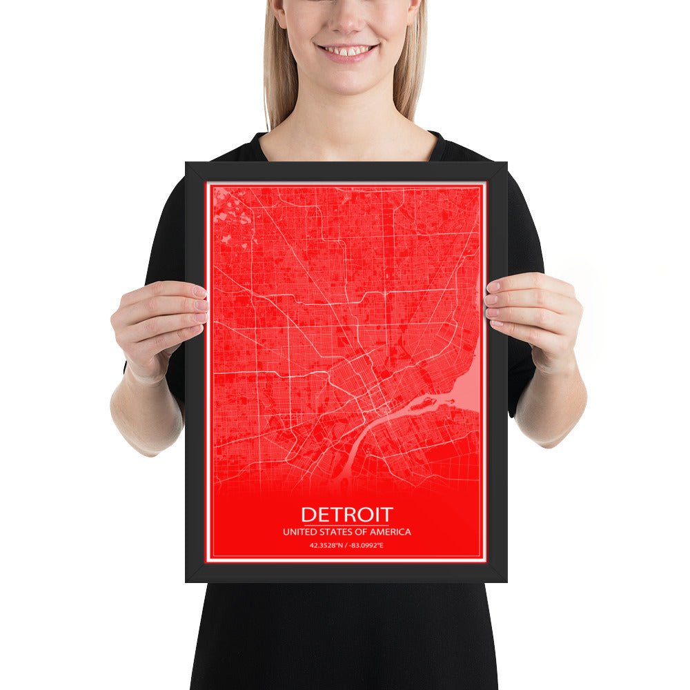 Detroit Red and White Framed Map