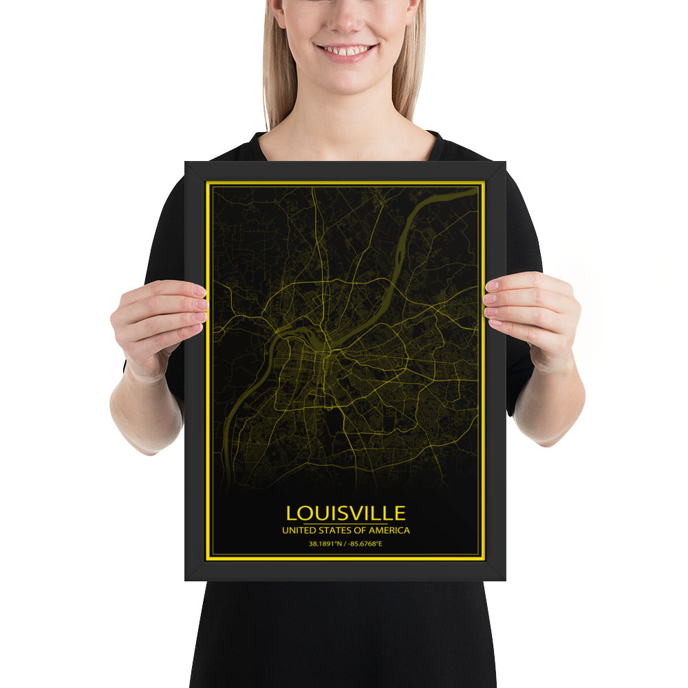 Louisville Black and Yellow Framed Map