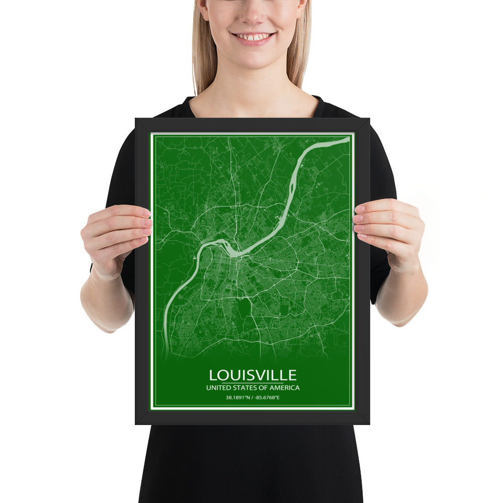 Louisville Green and White Framed Map