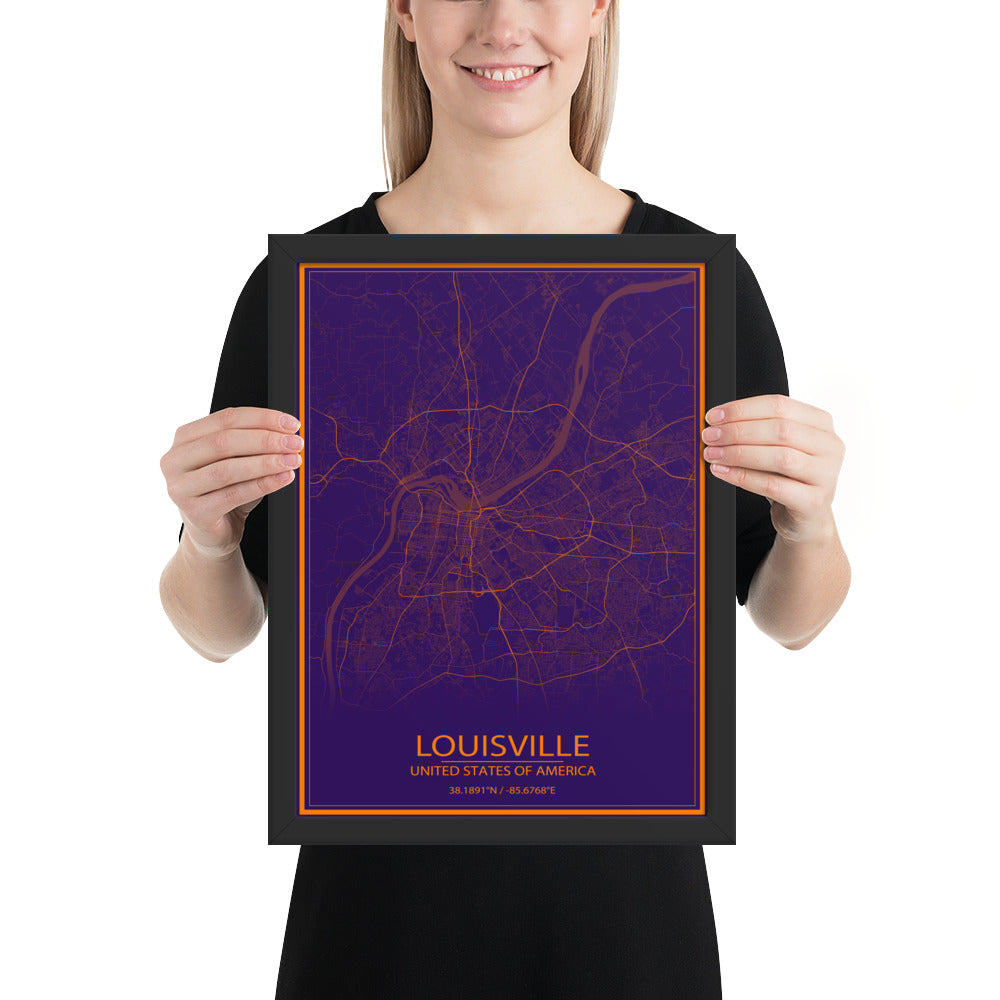 Louisville Purple and Orange Framed Map