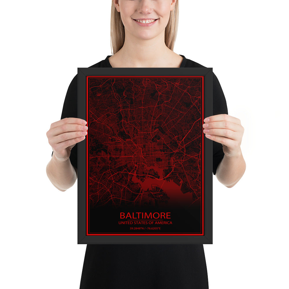 Baltimore Black and Red Framed Map