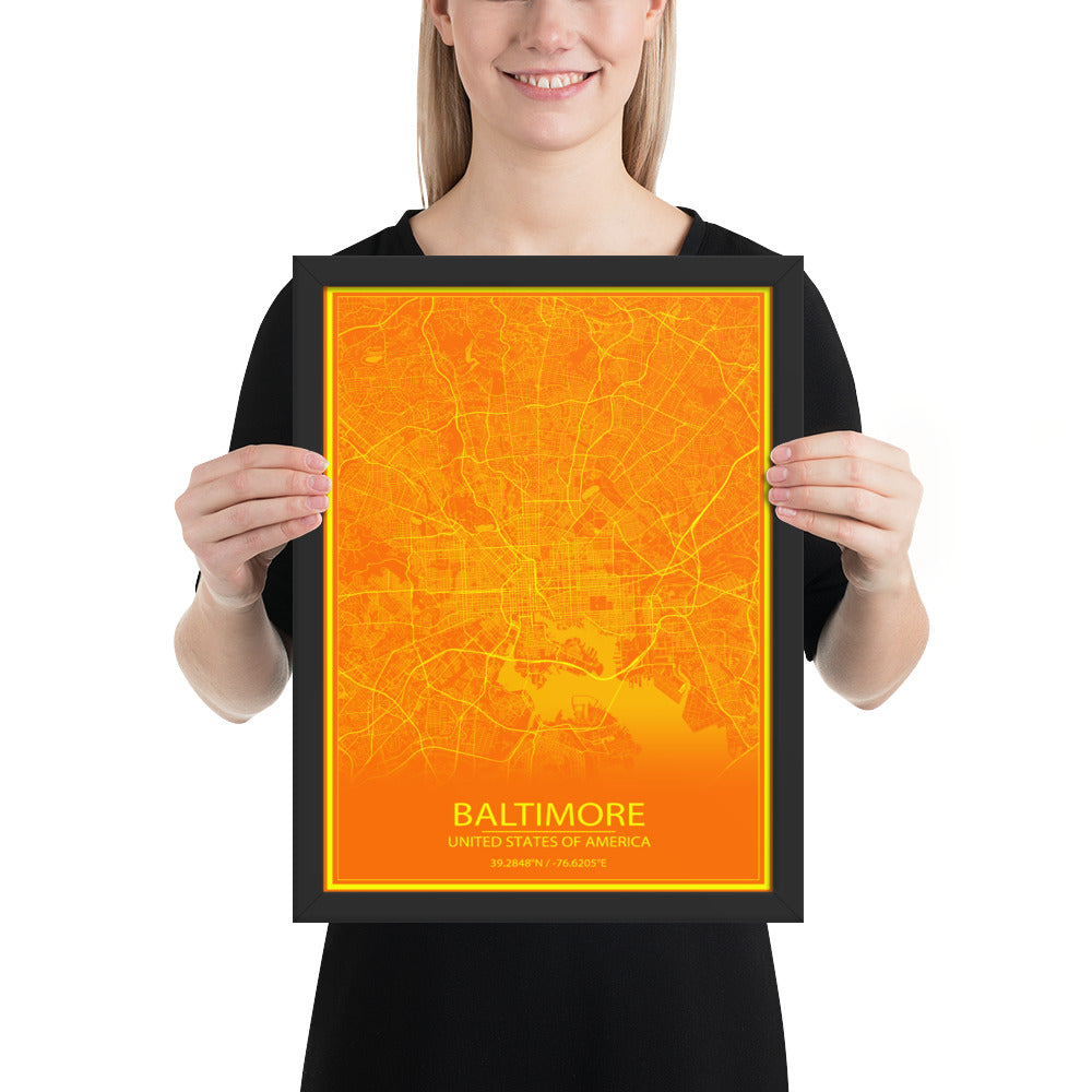 Baltimore Orange and Yellow Framed Map