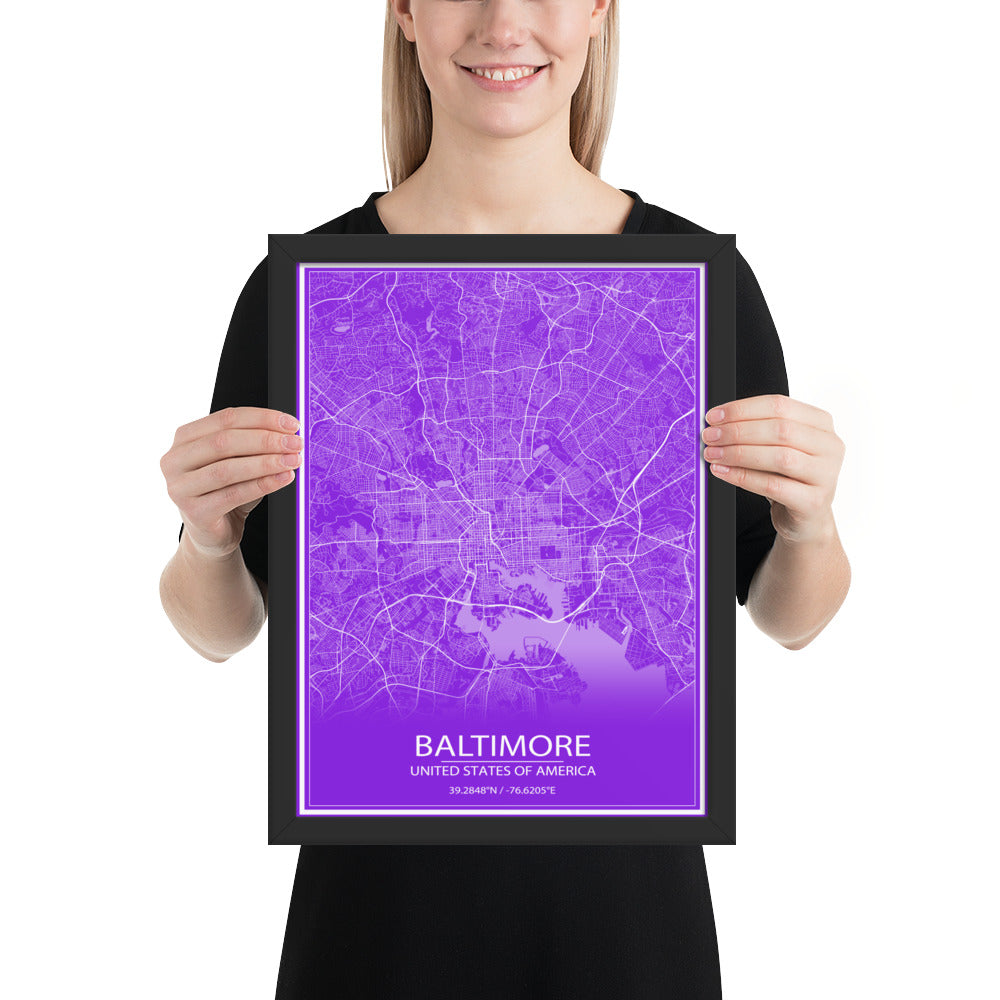 Baltimore Purple and White Framed Map