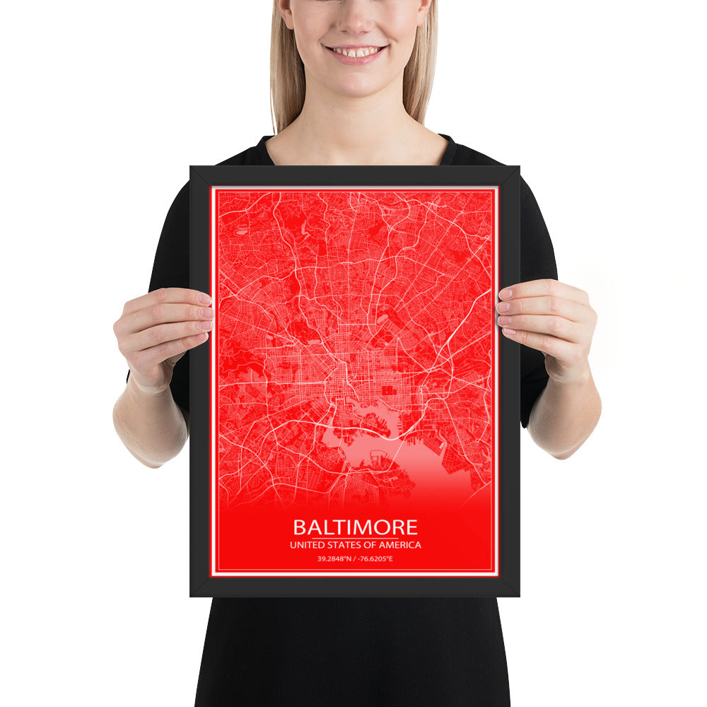 Baltimore Red and White Framed Map