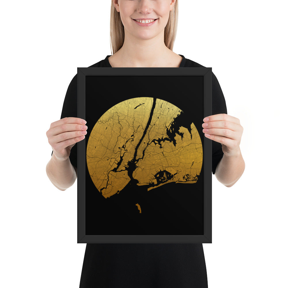 New York Gold on Black Framed Map