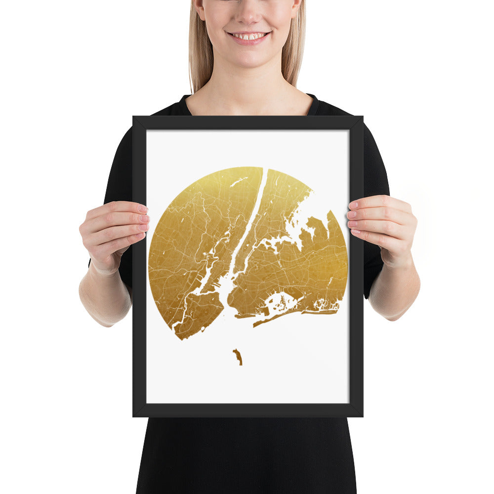 New York Gold on White Framed Map