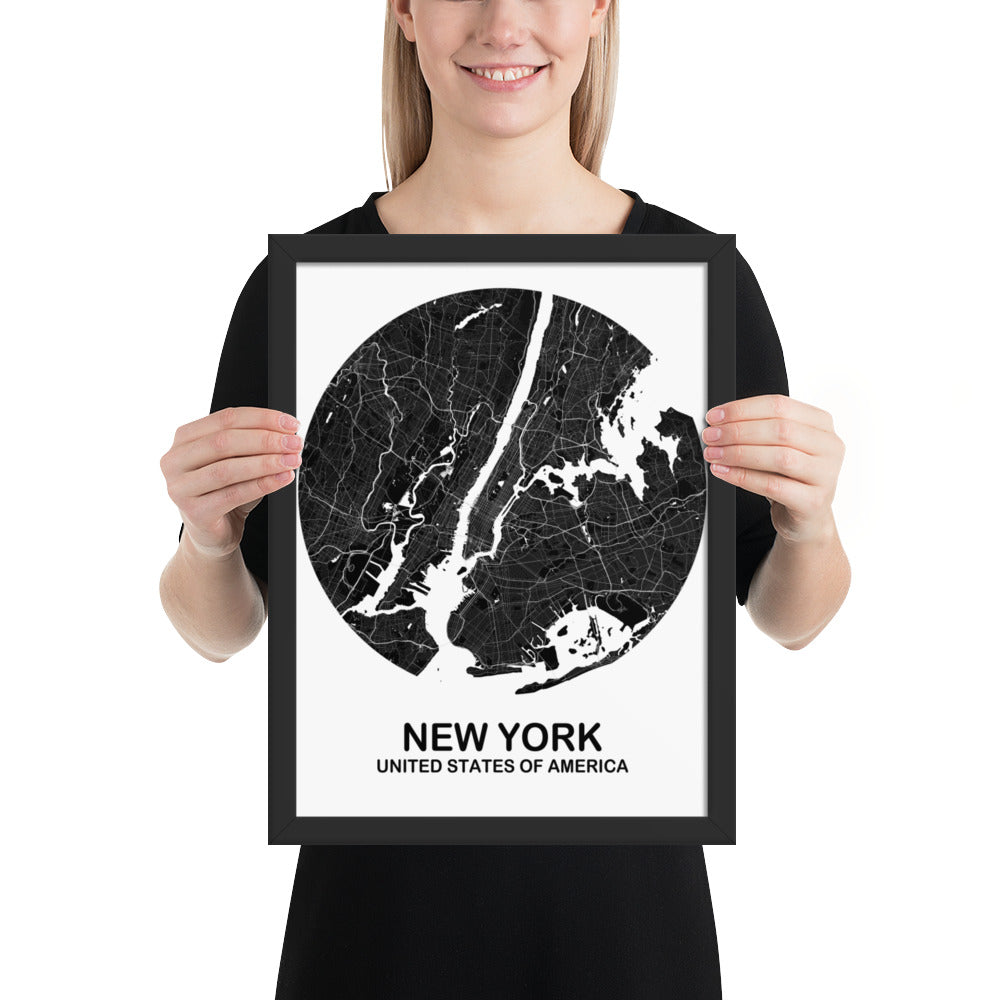 New York Circular Black Framed Map